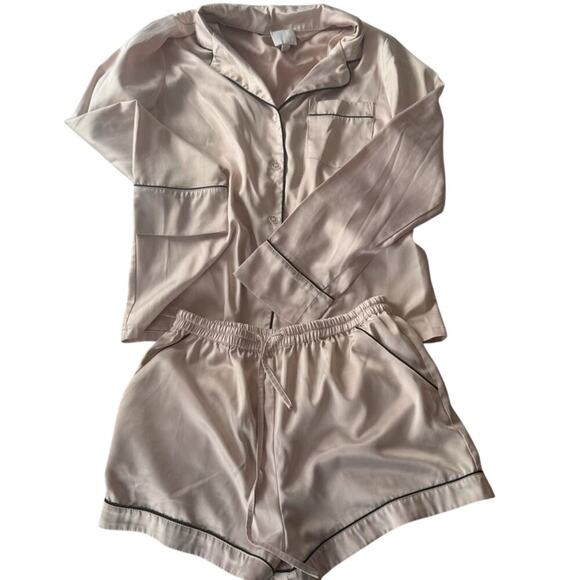 LE ROSE | Nora Satin PJ Set Shorts in Blush Pink w/ Blk Satin Piping | Size XS - Picture 1 of 9